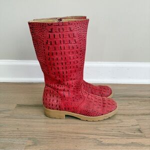 Taormina Red Leather Croc Embossed Round Toe Boots 8